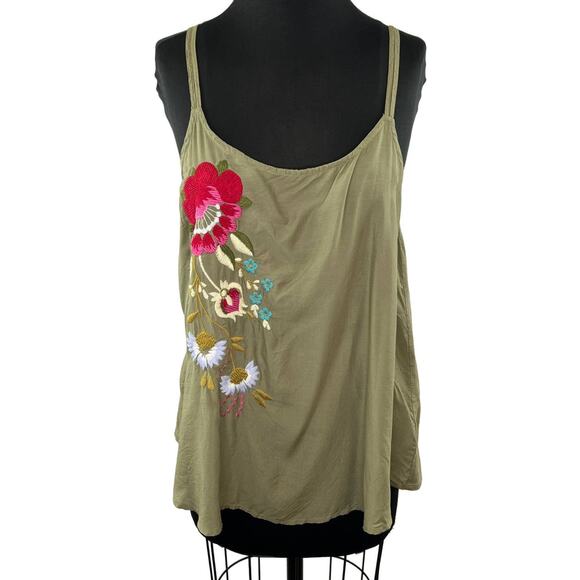Anthropologie Akemi + Kin Moss Green Cami with Floral Embroidery Tank Top S - Picture 1 of 7